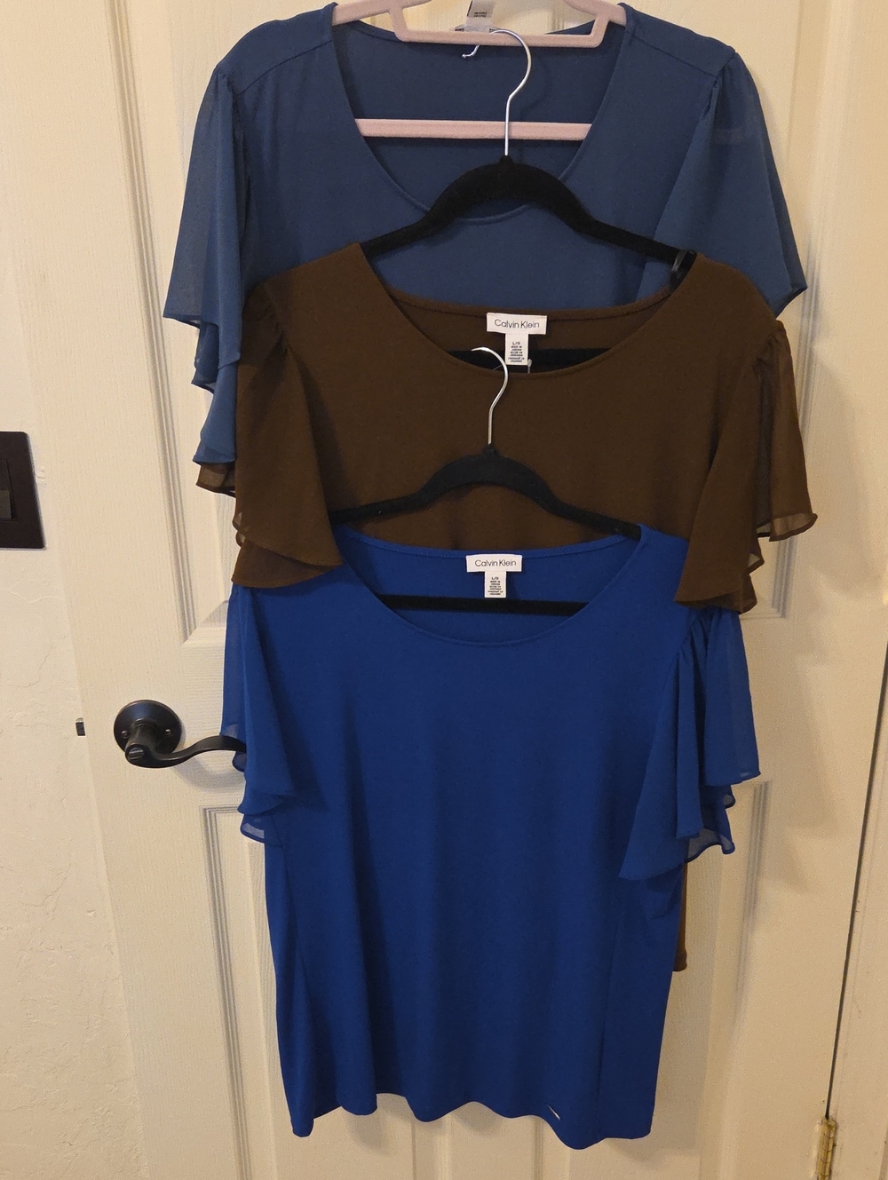 Calvin Klein Short Flutter Sleeve SET OF 3 Tops in Royal Blue, Brown, Slate Blue